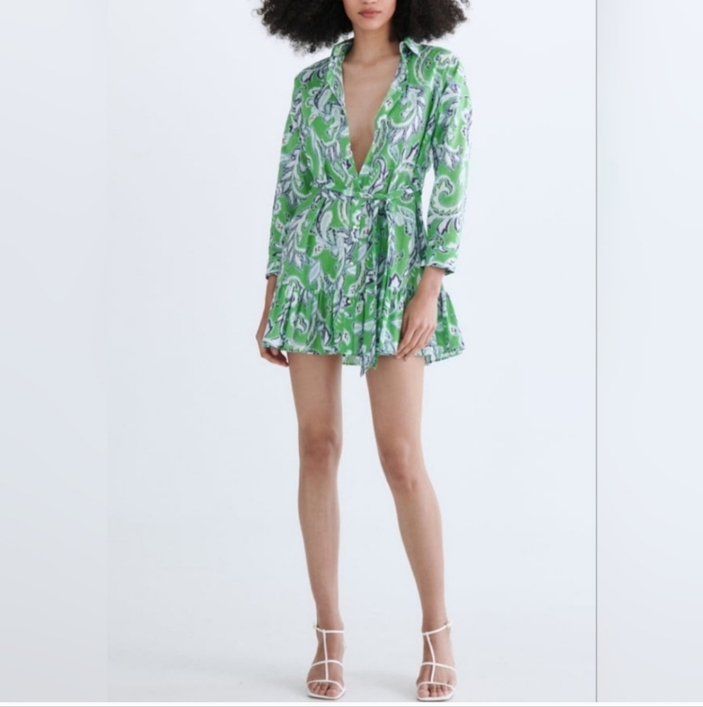 ZARA Spring Collection 2022 Blue / Green Printed Shirt Mini Dress Size L - Picture 2 of 14